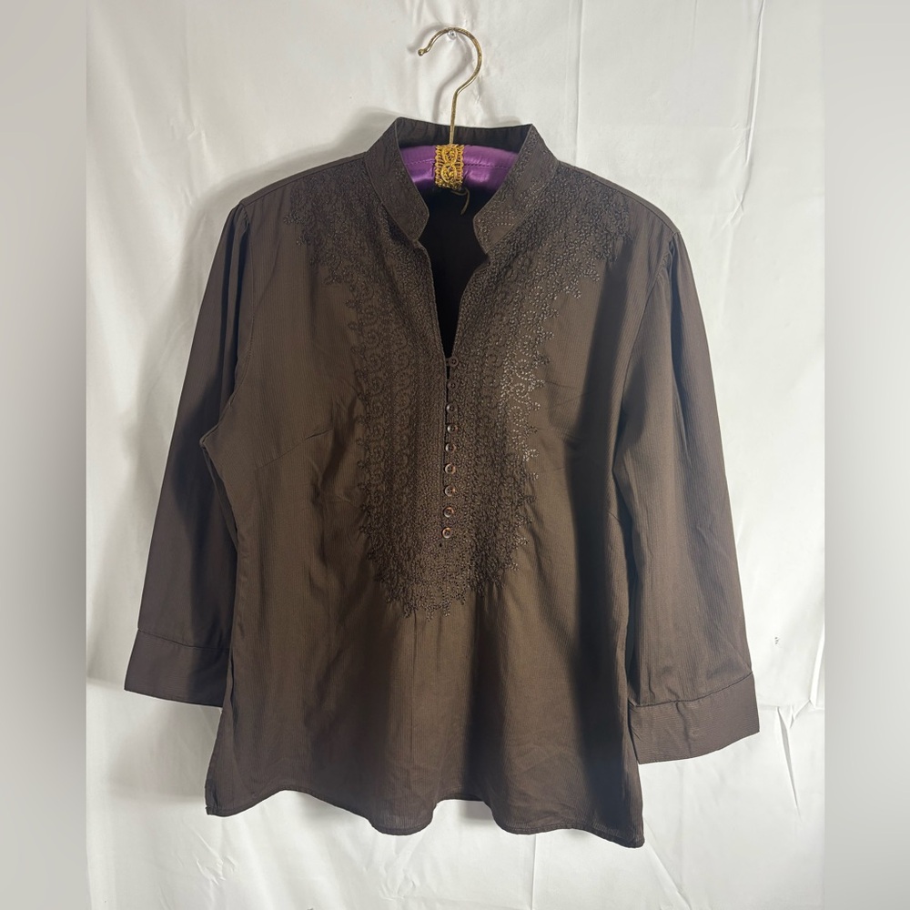 100% Cotton Chocolate Brown Embroidered Boho Tunic Blouse Women’s Size XL